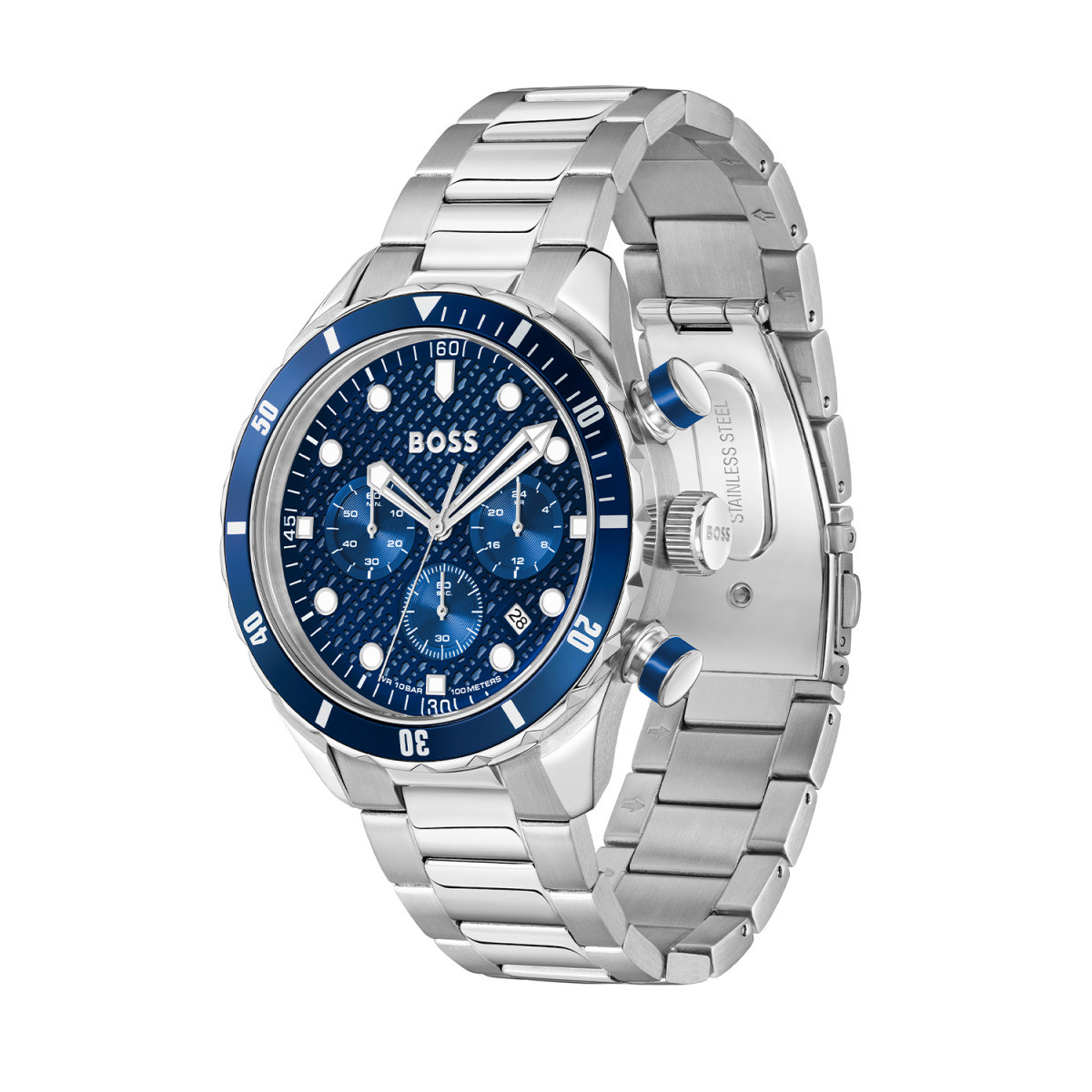 Boss Chronomatic HB1514338 herenhorloge met chronograaf blauwe wijzerplaat en zilverkleurig staal - Ø 44 mm
