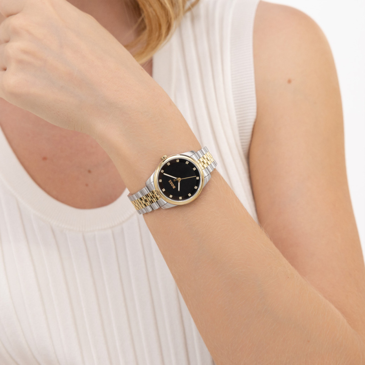 BOSS Graceful HB1502811 Bicolor dameshorloge met zwarte wijzerplaat en zirkonia - Ø 32 mm