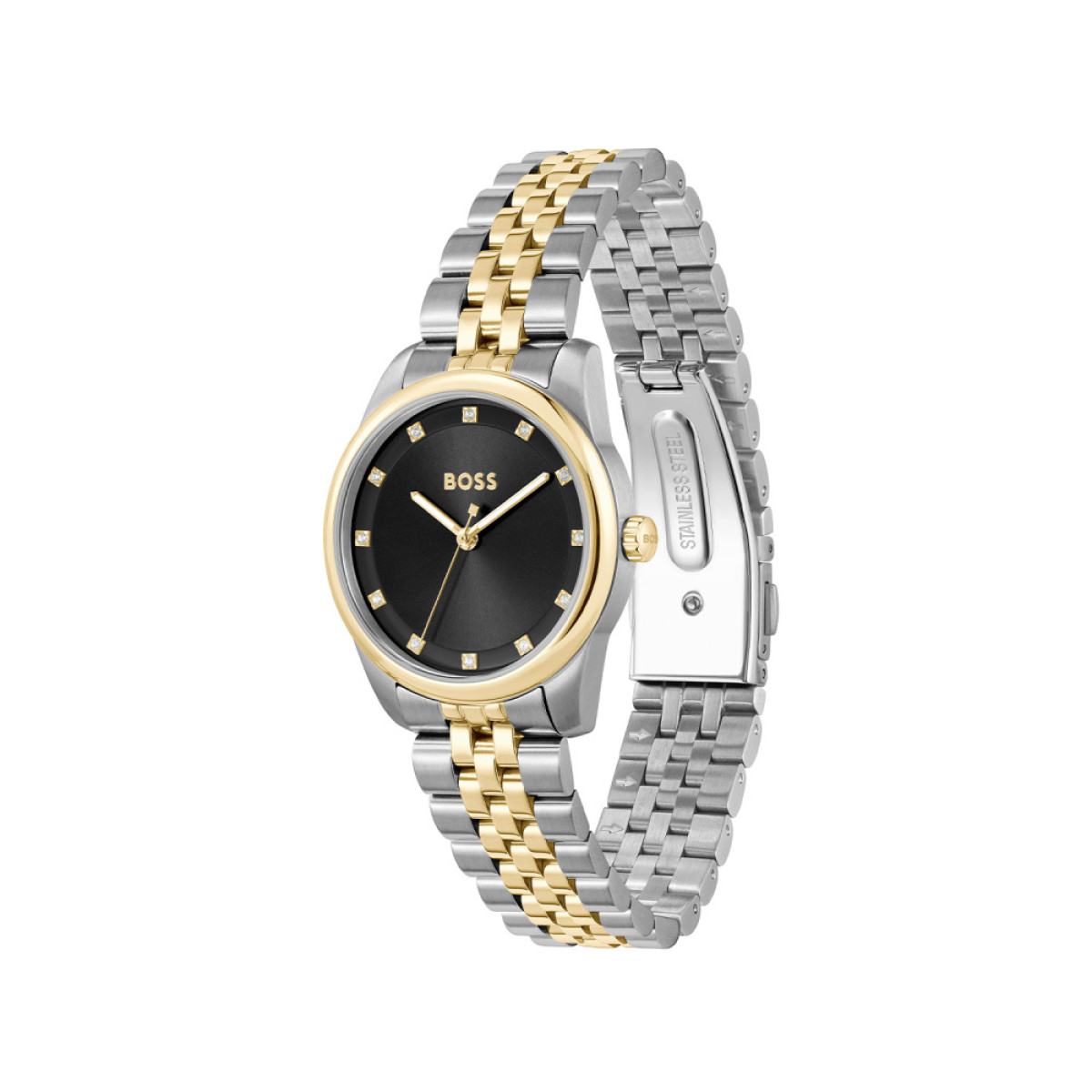 BOSS Graceful HB1502811 Bicolor dameshorloge met zwarte wijzerplaat en zirkonia - Ø 32 mm