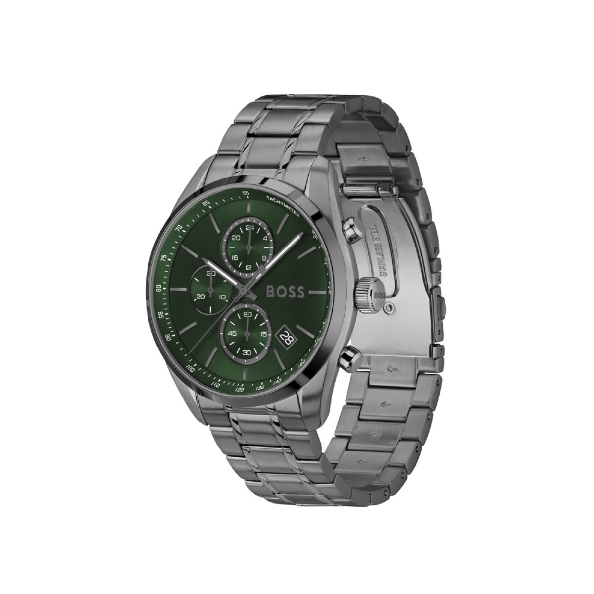 BOSS Grand Prix HB1514228 Zwart stalen herenhorloge met groene wijzerplaat - Ø 44 mm