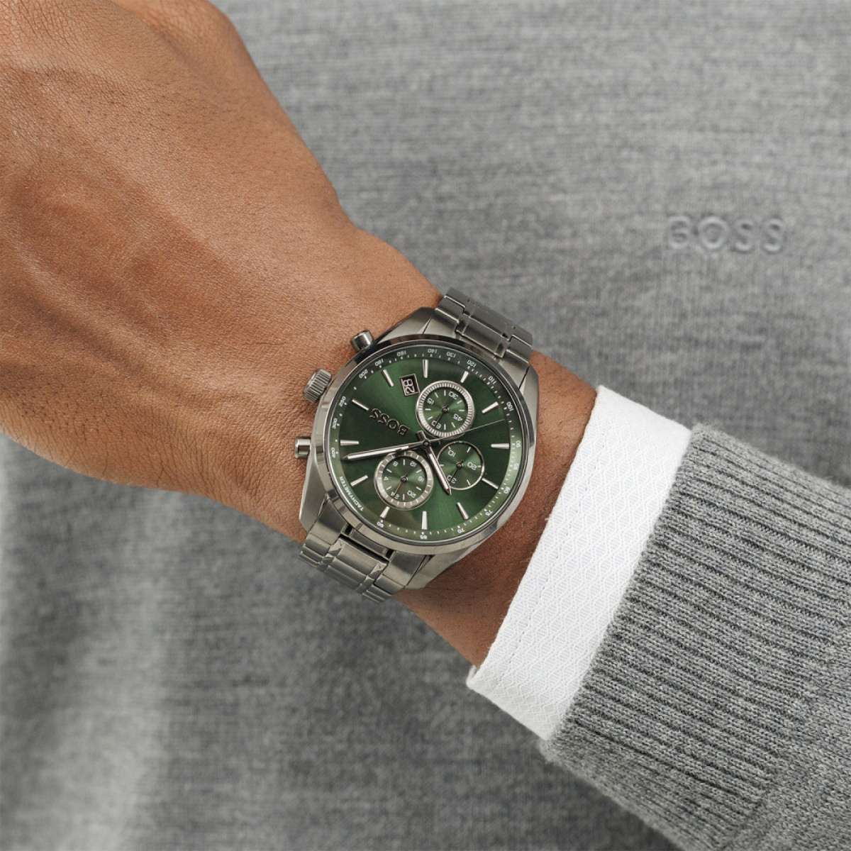 BOSS Grand Prix HB1514228 Zwart stalen herenhorloge met groene wijzerplaat - Ø 44 mm