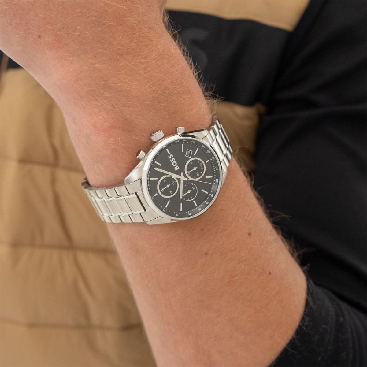 BOSS Grand Prix HB1514259 Stalen zilverkleurig herenhorloge met zwarte wijzerplaat - Ø 40 mm
