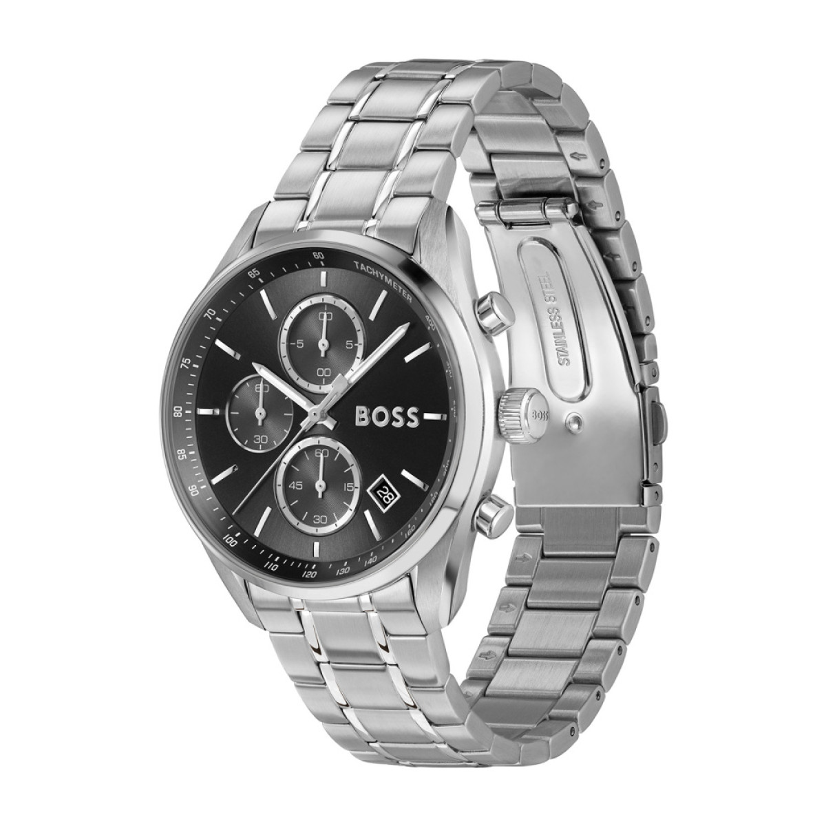 BOSS Grand Prix HB1514259 Stalen zilverkleurig herenhorloge met zwarte wijzerplaat - Ø 40 mm