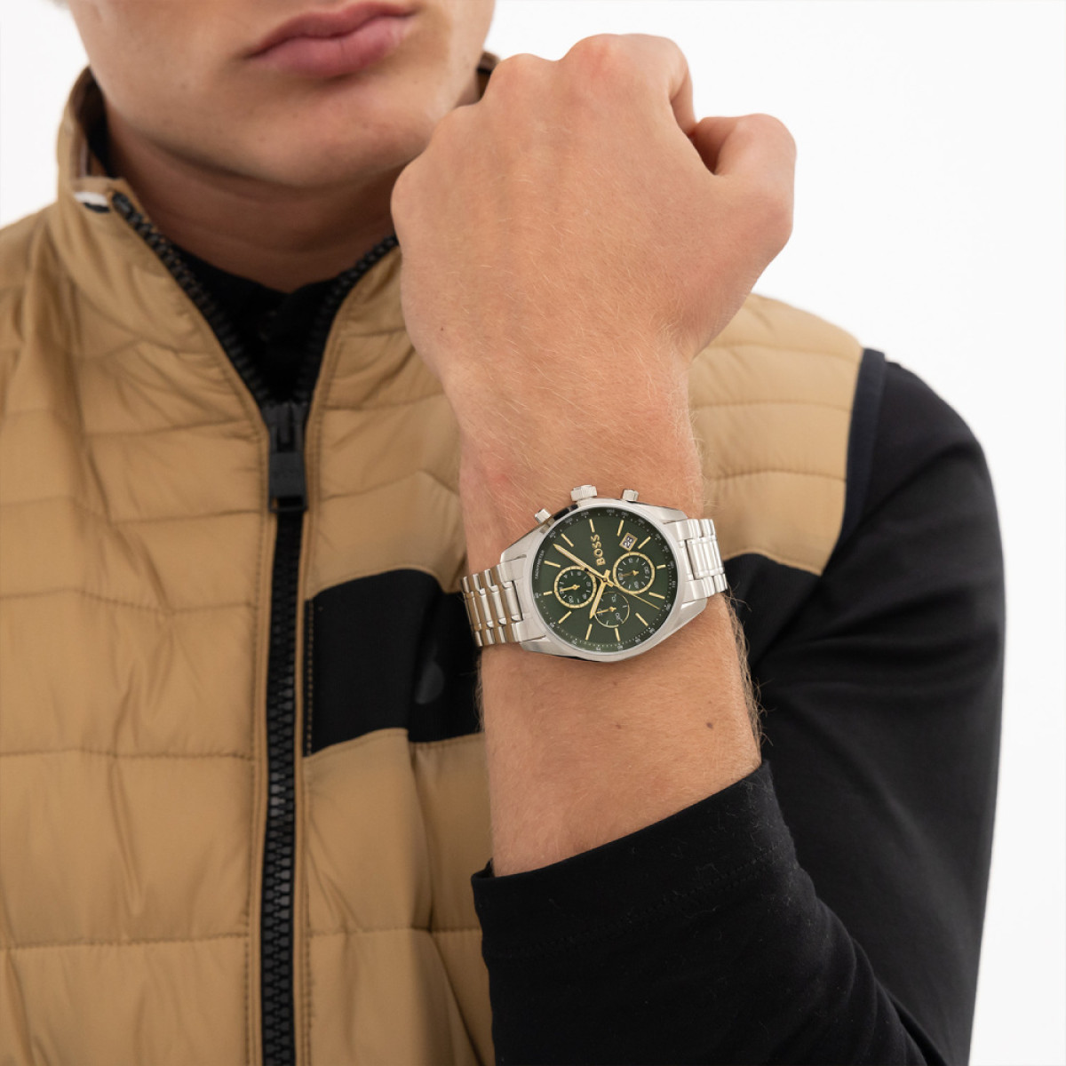 BOSS Grand Prix HB1514265 Zilverkleurig stalen herenhorloge met groene wijzerplaat