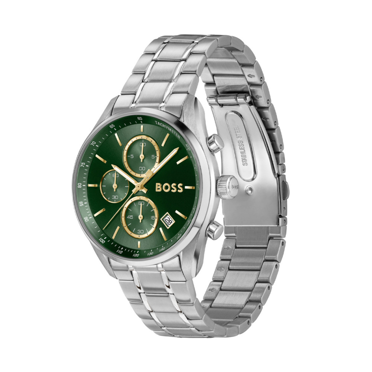 BOSS Grand Prix HB1514265 Zilverkleurig stalen herenhorloge met groene wijzerplaat