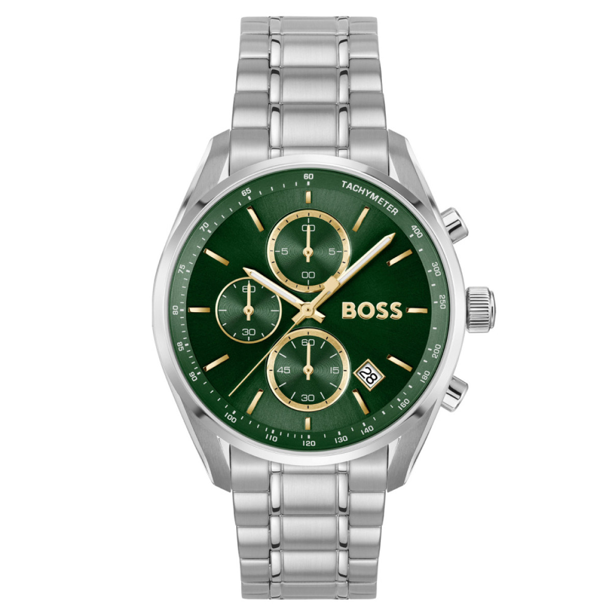 BOSS Grand Prix HB1514265 Zilverkleurig stalen herenhorloge met groene wijzerplaat