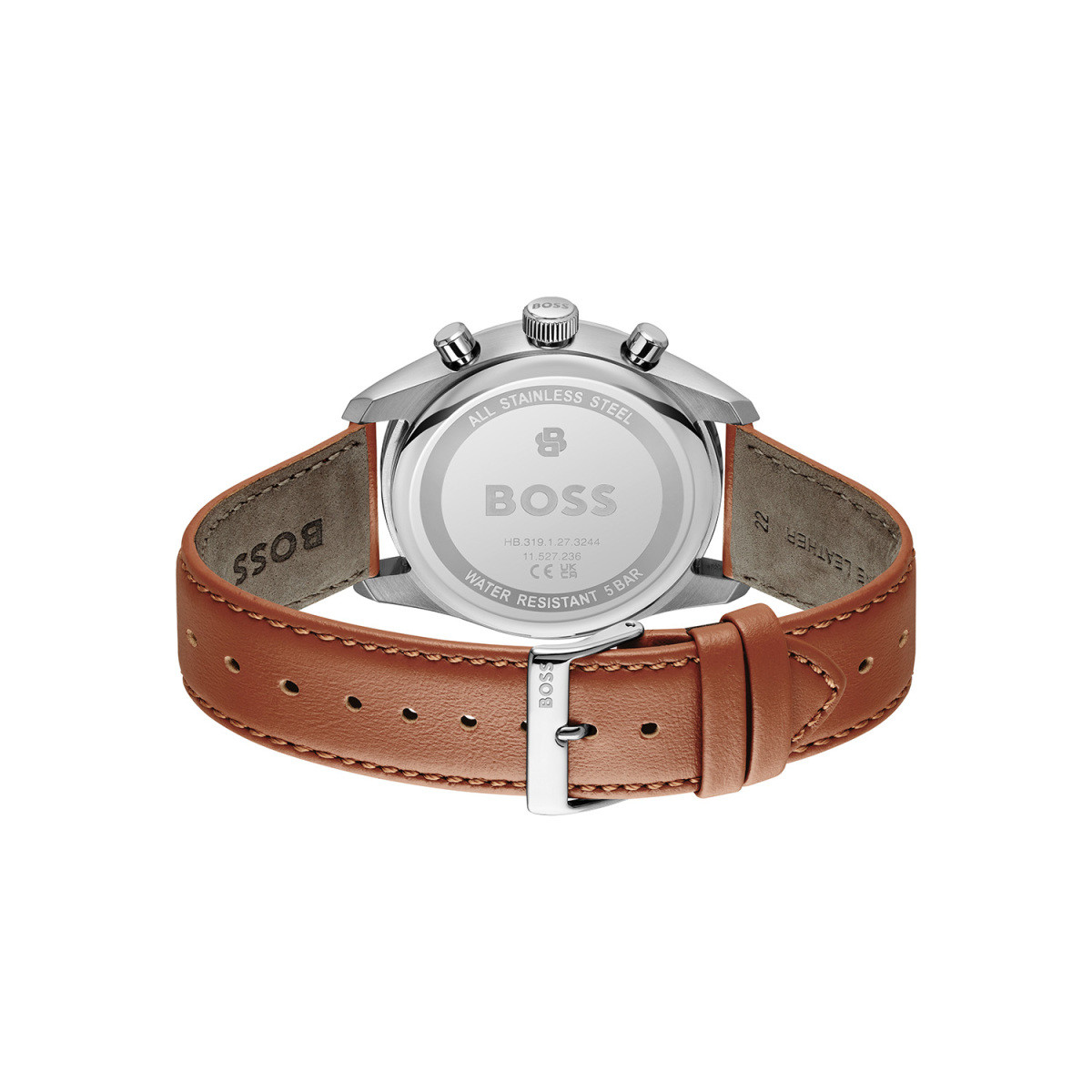 BOSS Grand Prix HB1514313 herenhorloge staal met witte wijzerplaat en bruin leren band - Ø 44 mm