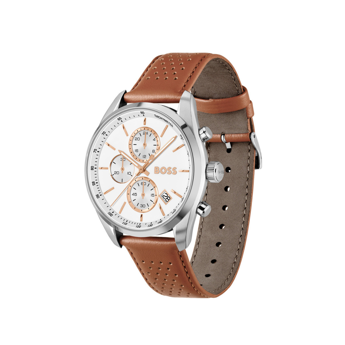 BOSS Grand Prix HB1514313 herenhorloge staal met witte wijzerplaat en bruin leren band - Ø 44 mm