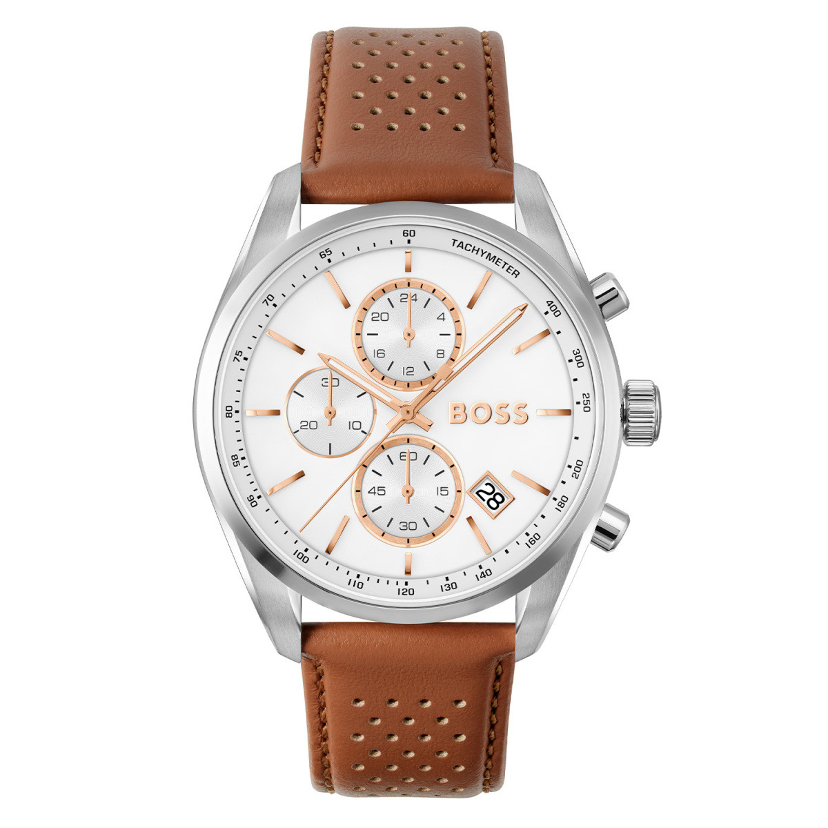 BOSS Grand Prix HB1514313 herenhorloge staal met witte wijzerplaat en bruin leren band - Ø 44 mm