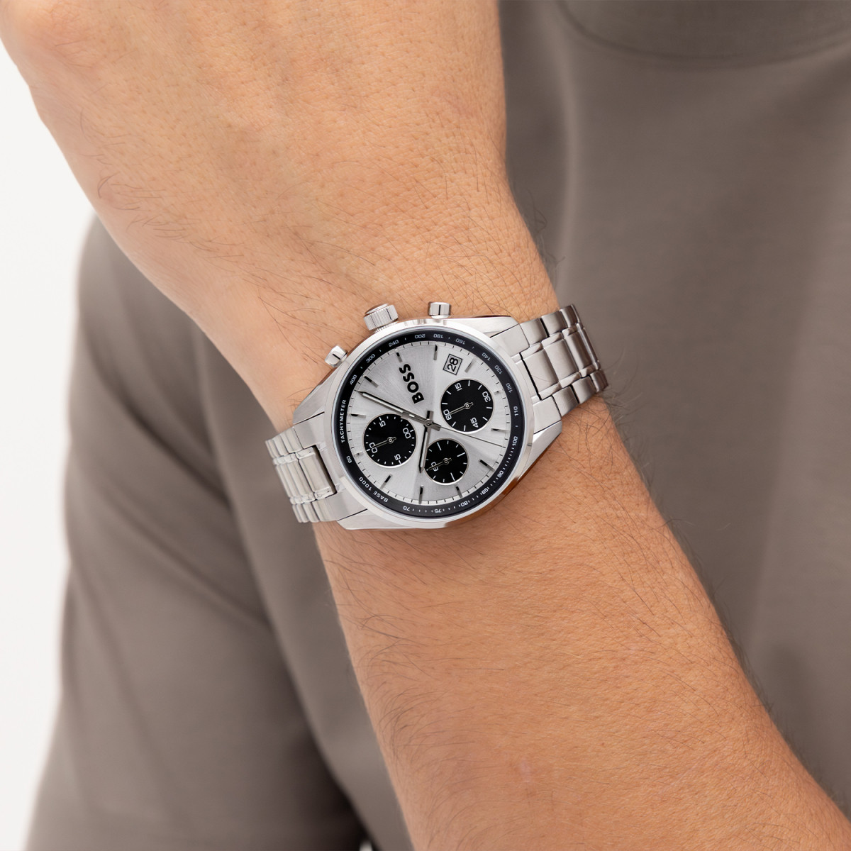 Boss Grand Prix Touring HB1514362 zilverkleurig chronograaf horloge met wit zwarte wijzerplaat - Ø 38 mm