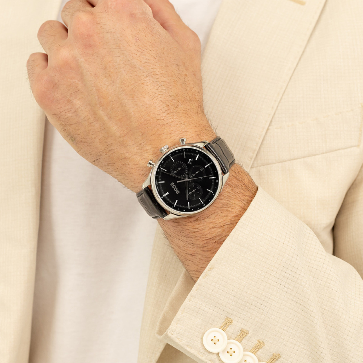 BOSS Gregor HB1514049 Herenhorloge met zwart leren band en krokodilpatroon - Ø 45 mm