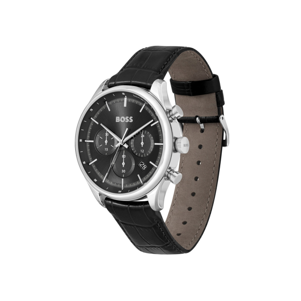 BOSS Gregor HB1514049 Herenhorloge met zwart leren band en krokodilpatroon - Ø 45 mm