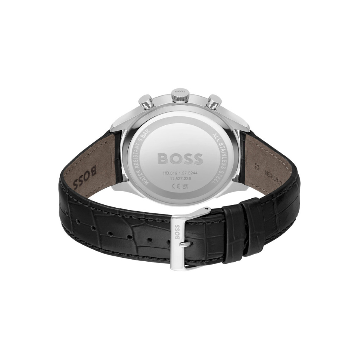 BOSS Gregor HB1514049 Herenhorloge met zwart leren band en krokodilpatroon - Ø 45 mm