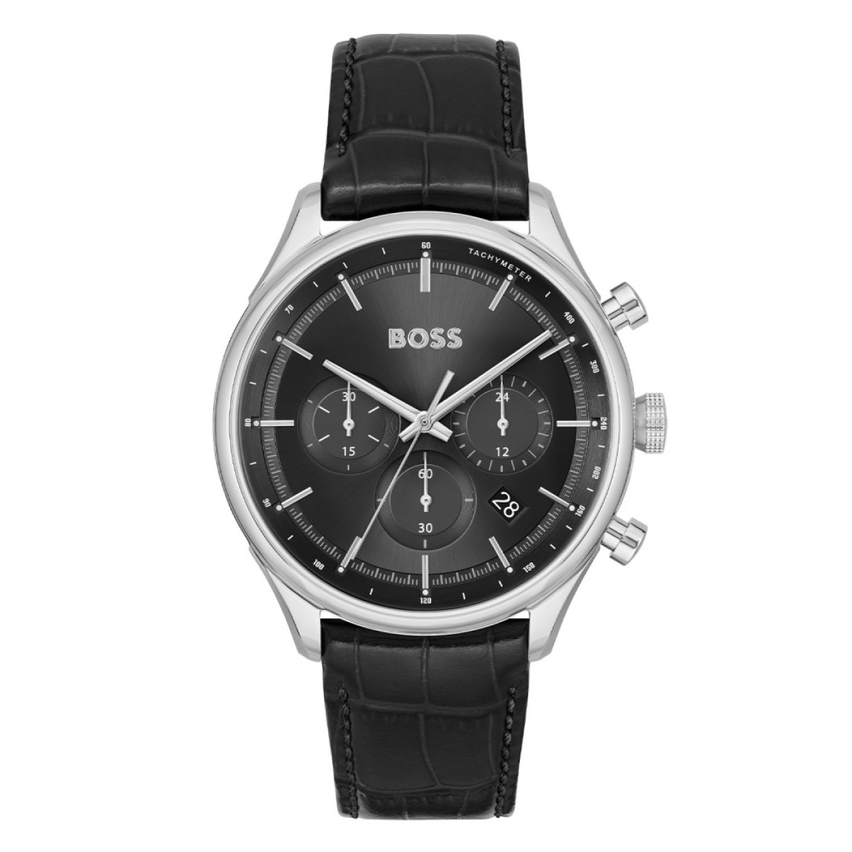BOSS Gregor HB1514049 Herenhorloge met zwart leren band en krokodilpatroon - Ø 45 mm