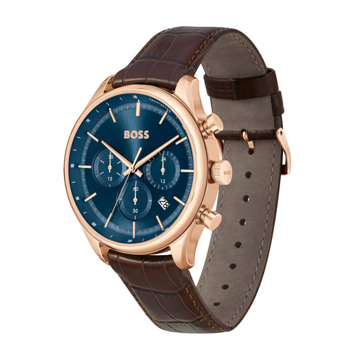 Boss Gregor HB1514050 herenhorloge - Roségoudkleurig met blauwe wijzerplaat en bruine leren band - Ø 45 mm