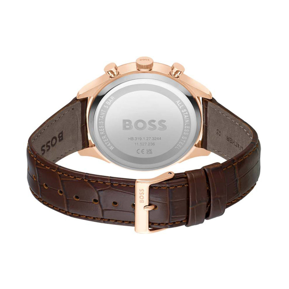 Boss Gregor HB1514050 herenhorloge - Roségoudkleurig met blauwe wijzerplaat en bruine leren band - Ø 45 mm