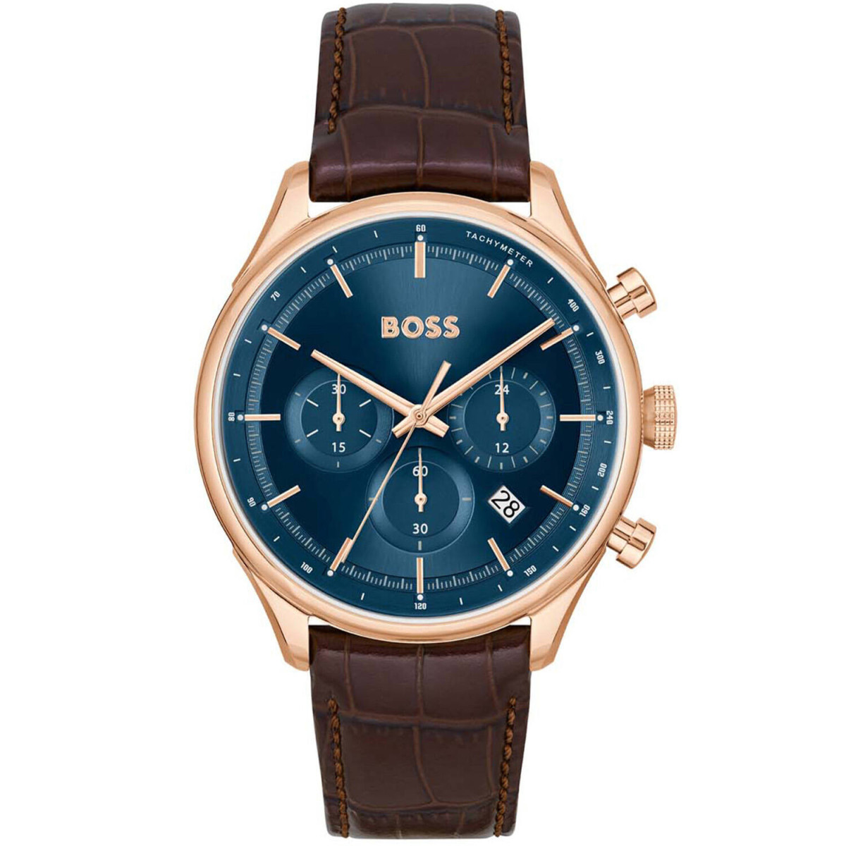 Boss Gregor HB1514050 herenhorloge - Roségoudkleurig met blauwe wijzerplaat en bruine leren band - Ø 45 mm