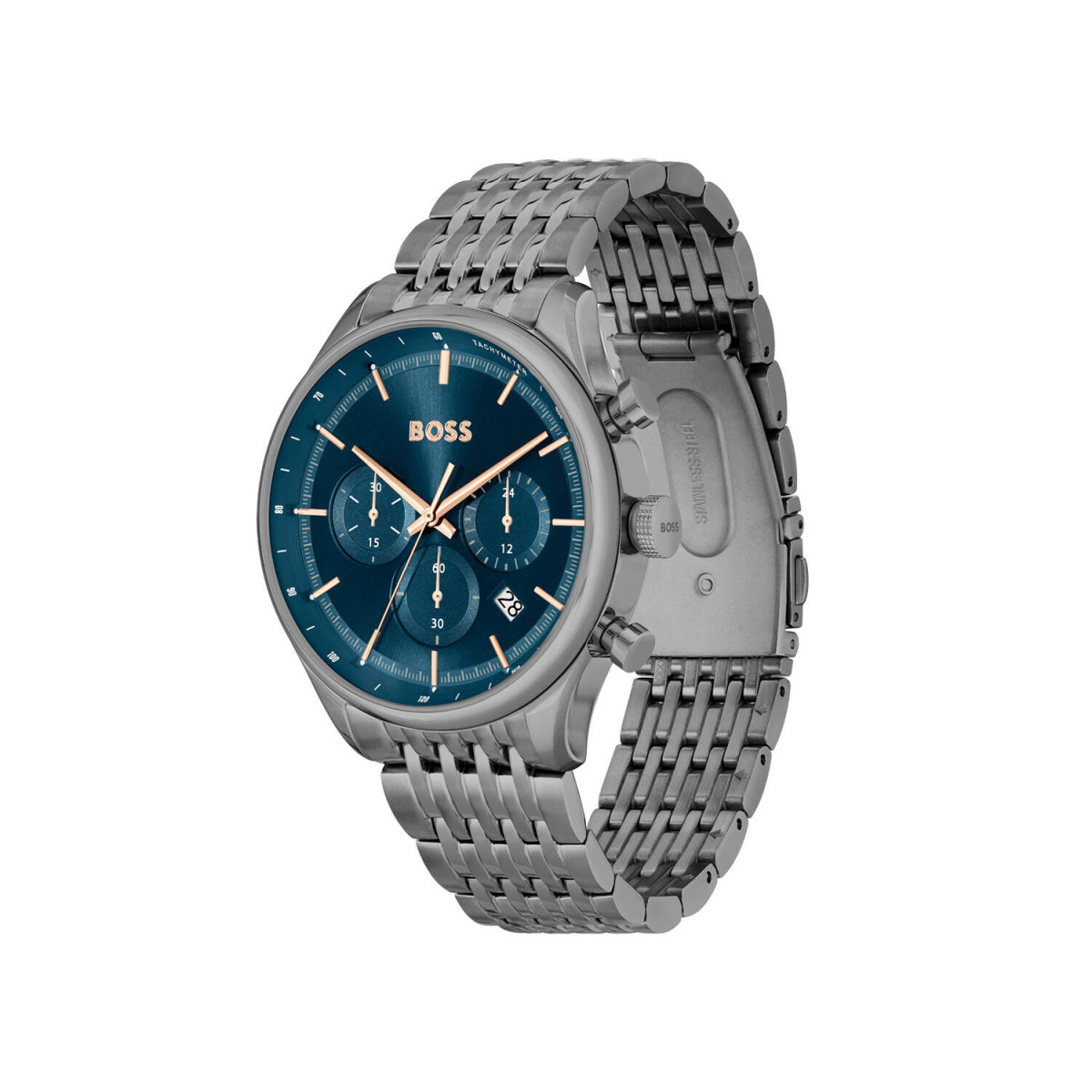 Boss Gregor HB1514083 herenhorloge van staal - Grijs met blauwe wijzerplaat - Ø 45 mm