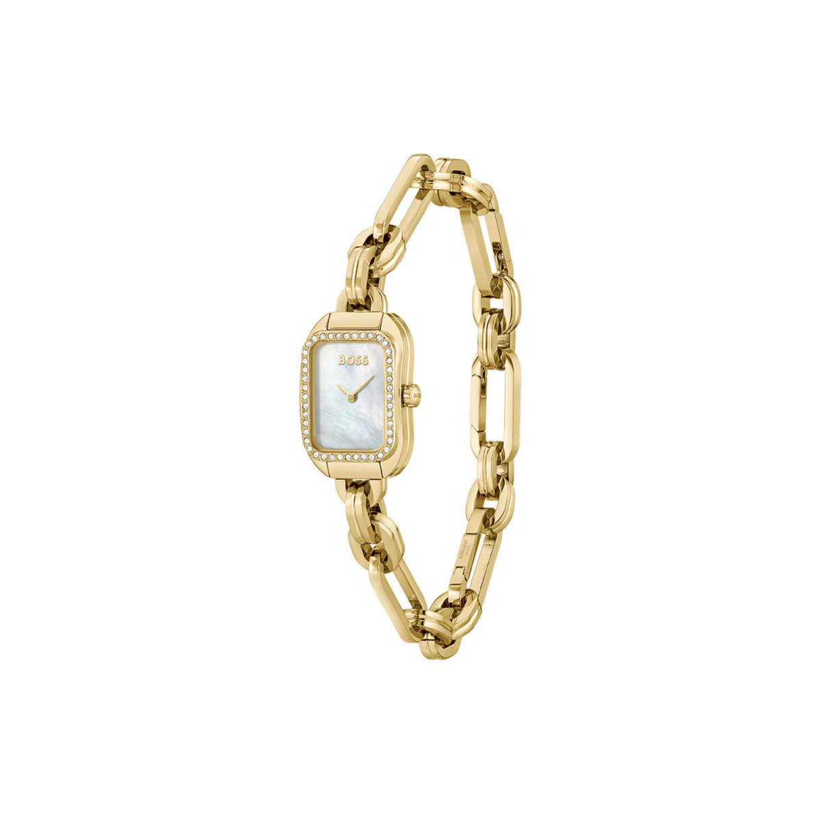 Boss Hailey HB1502740 dameshorloge - Goudkleurig met parelmoer wijzerplaat en kristallen - Rechthoekig - 19x28 mm