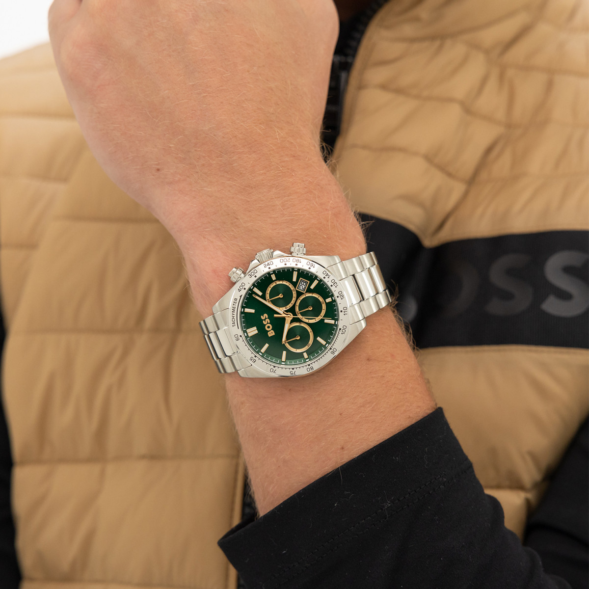 Boss Hero HB1514268 zilverkleurig herenhorloge met groene wijzerplaat en chronograaf - Ø 43 mm