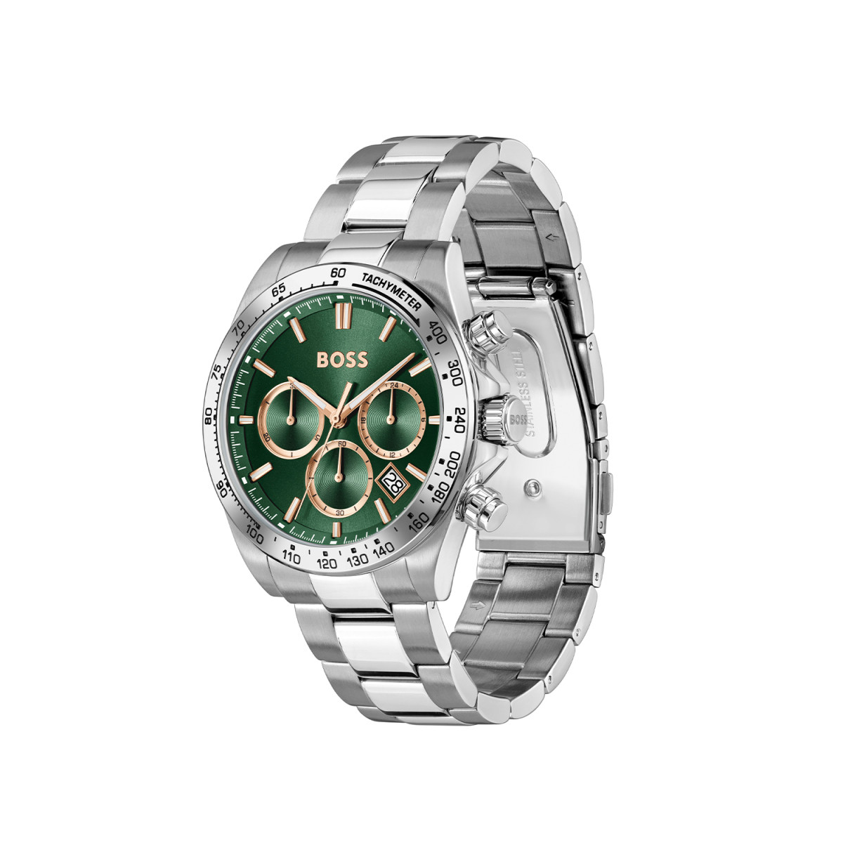 Boss Hero HB1514268 zilverkleurig herenhorloge met groene wijzerplaat en chronograaf - Ø 43 mm