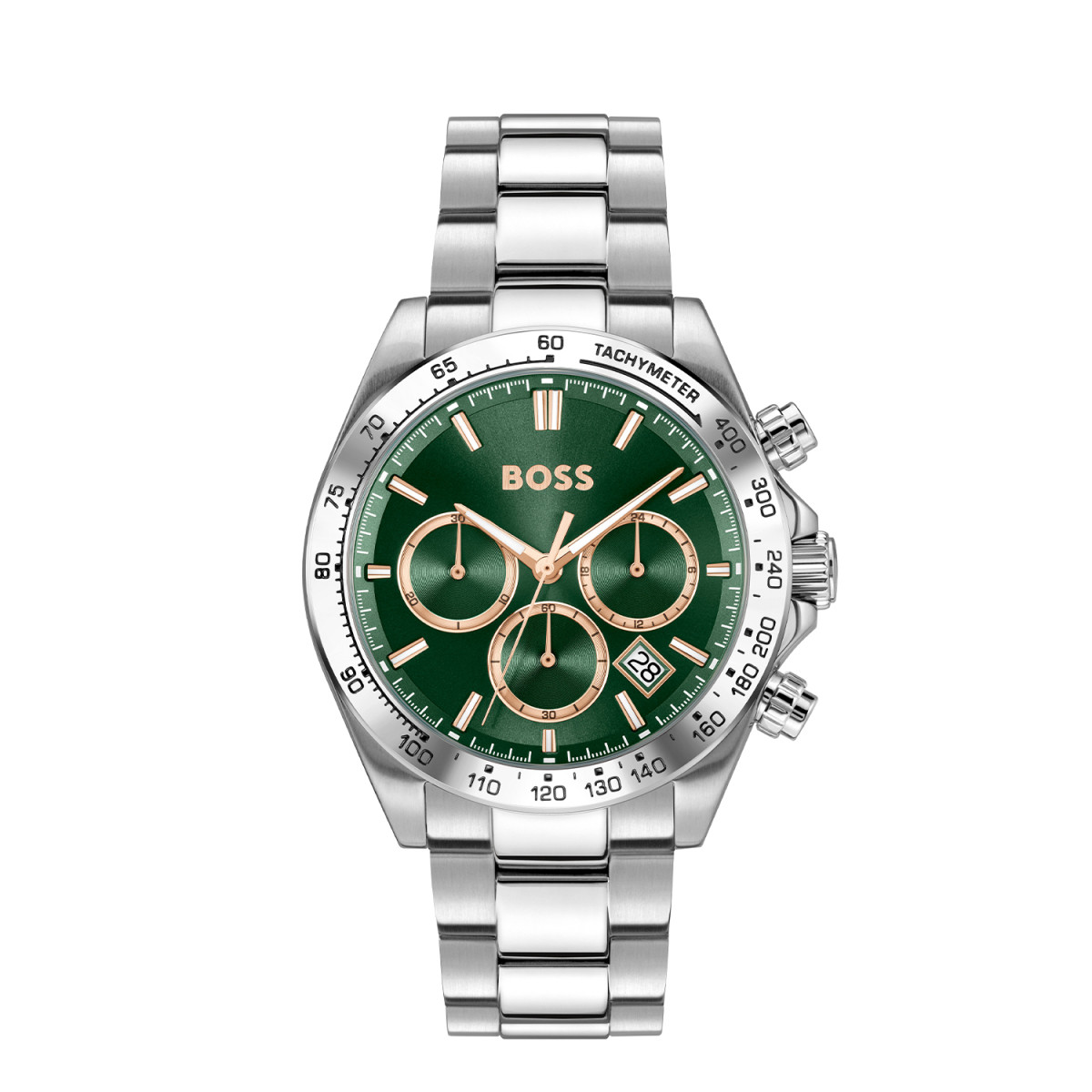 Boss Hero HB1514268 zilverkleurig herenhorloge met groene wijzerplaat en chronograaf - Ø 43 mm