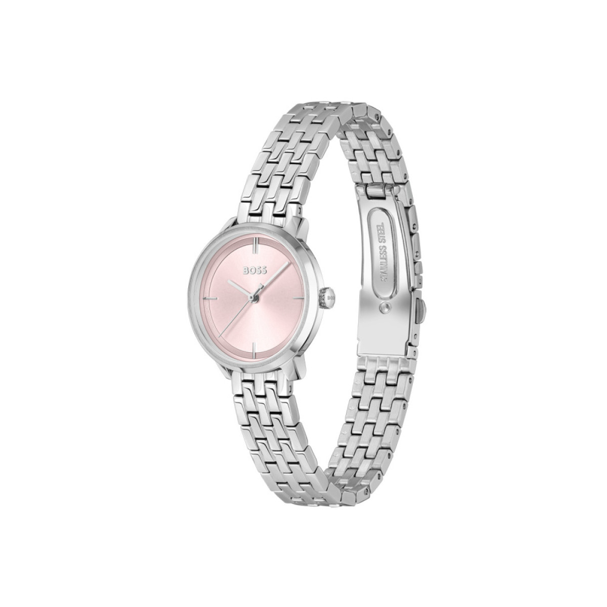 BOSS Lucia HB1502819 Zilverkleurig stalen dameshorloge met met roze wijzerplaat - Ø 28 mm