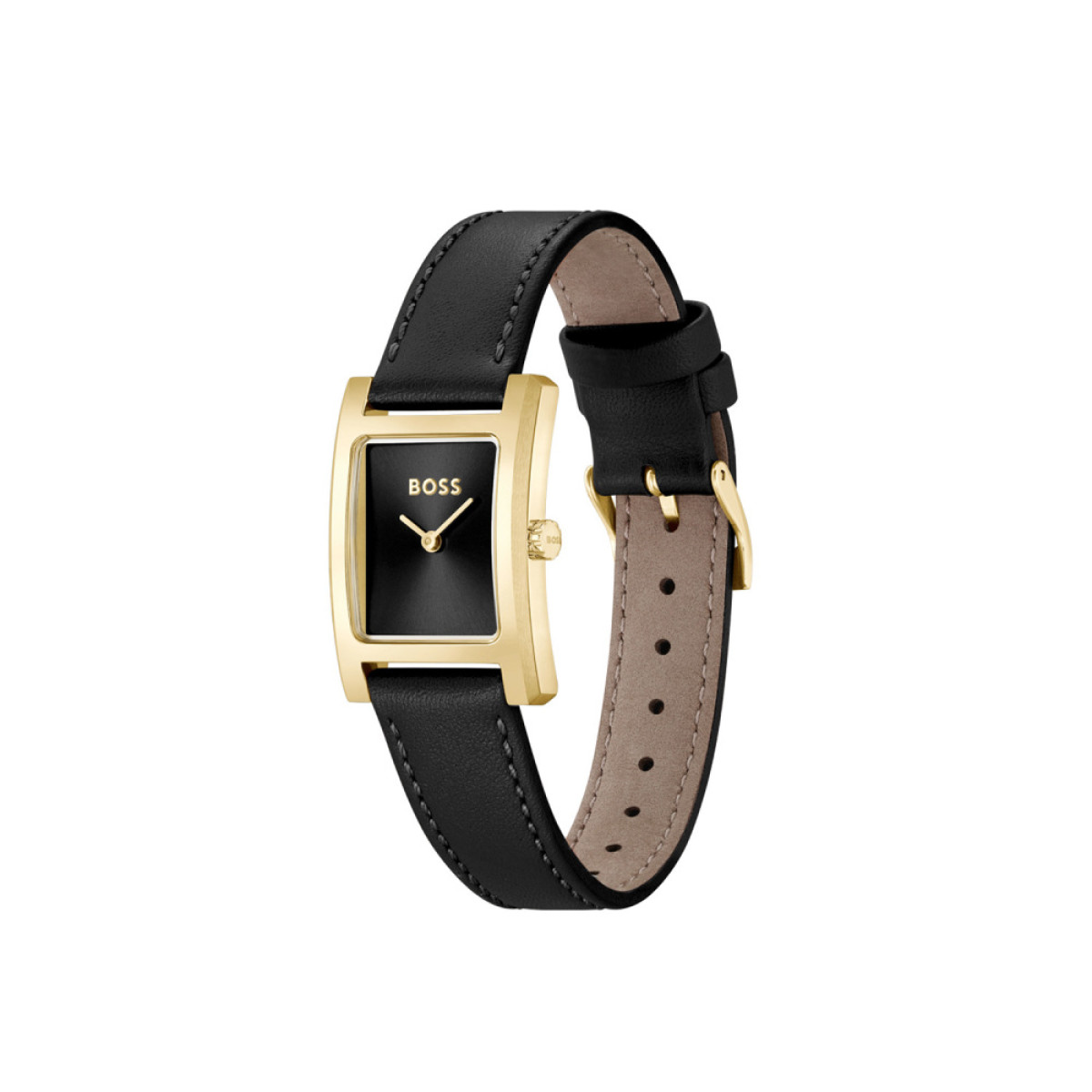 BOSS Lucy HB1502742 Rechthoekig dameshorloge met leren band en goudkleurige kast - Ø 23 mm