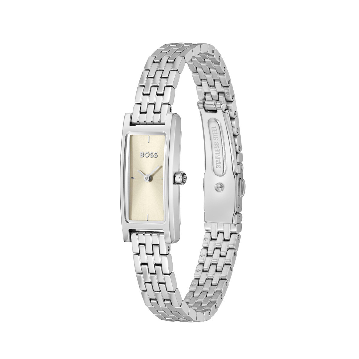Boss Lucy HB1502858 zilverkleurig dameshorloge met schakelband en rechthoekige beige wijzerplaat - Ø 33 mm