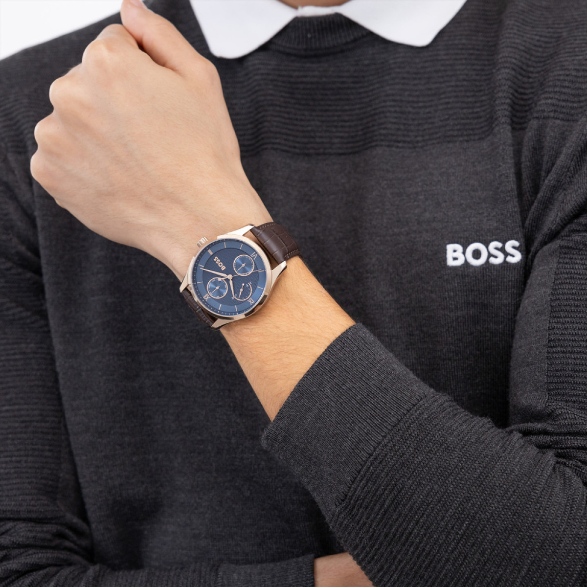 BOSS Principle HB1514273 Herenhorloge van leer en staal met blauwe wijzerplaat en rosékleurige kast