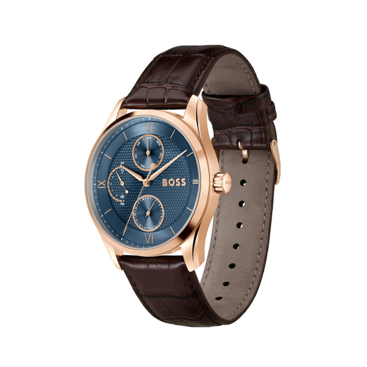 BOSS Principle HB1514273 Herenhorloge van leer en staal met blauwe wijzerplaat en rosékleurige kast