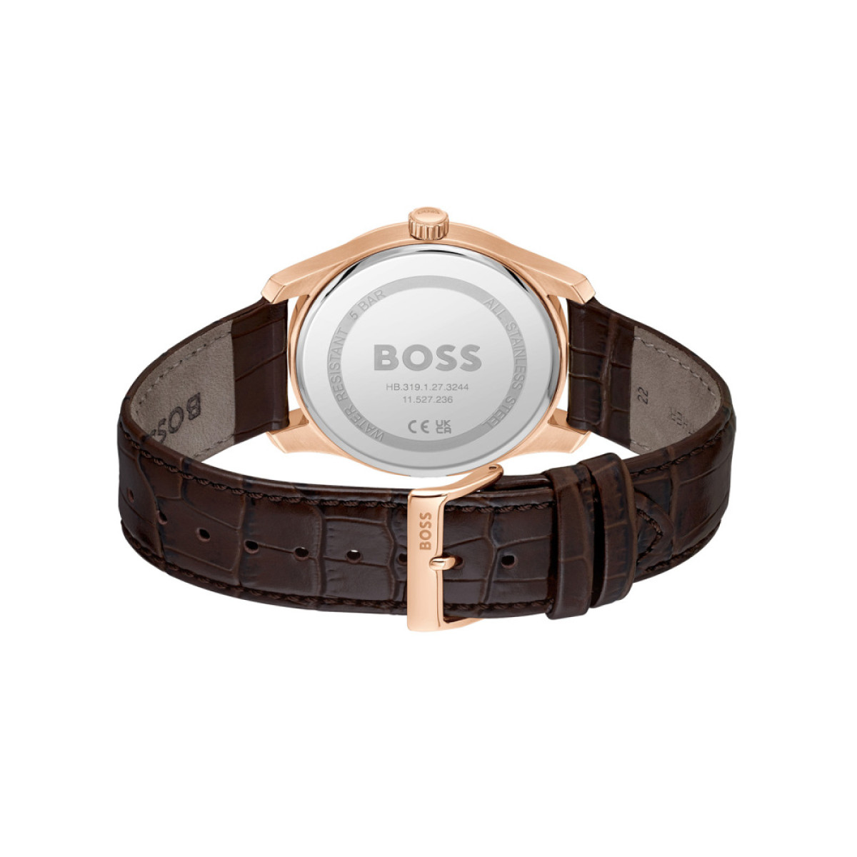 BOSS Principle HB1514273 Herenhorloge van leer en staal met blauwe wijzerplaat en rosékleurige kast