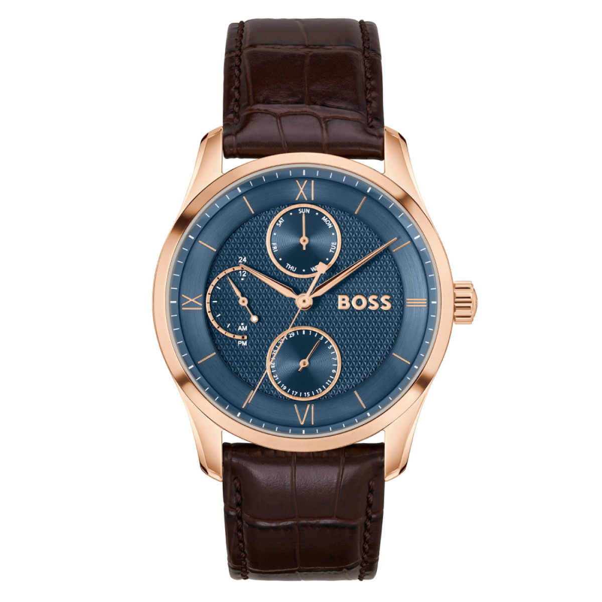 BOSS Principle HB1514273 Herenhorloge van leer en staal met blauwe wijzerplaat en rosékleurige kast