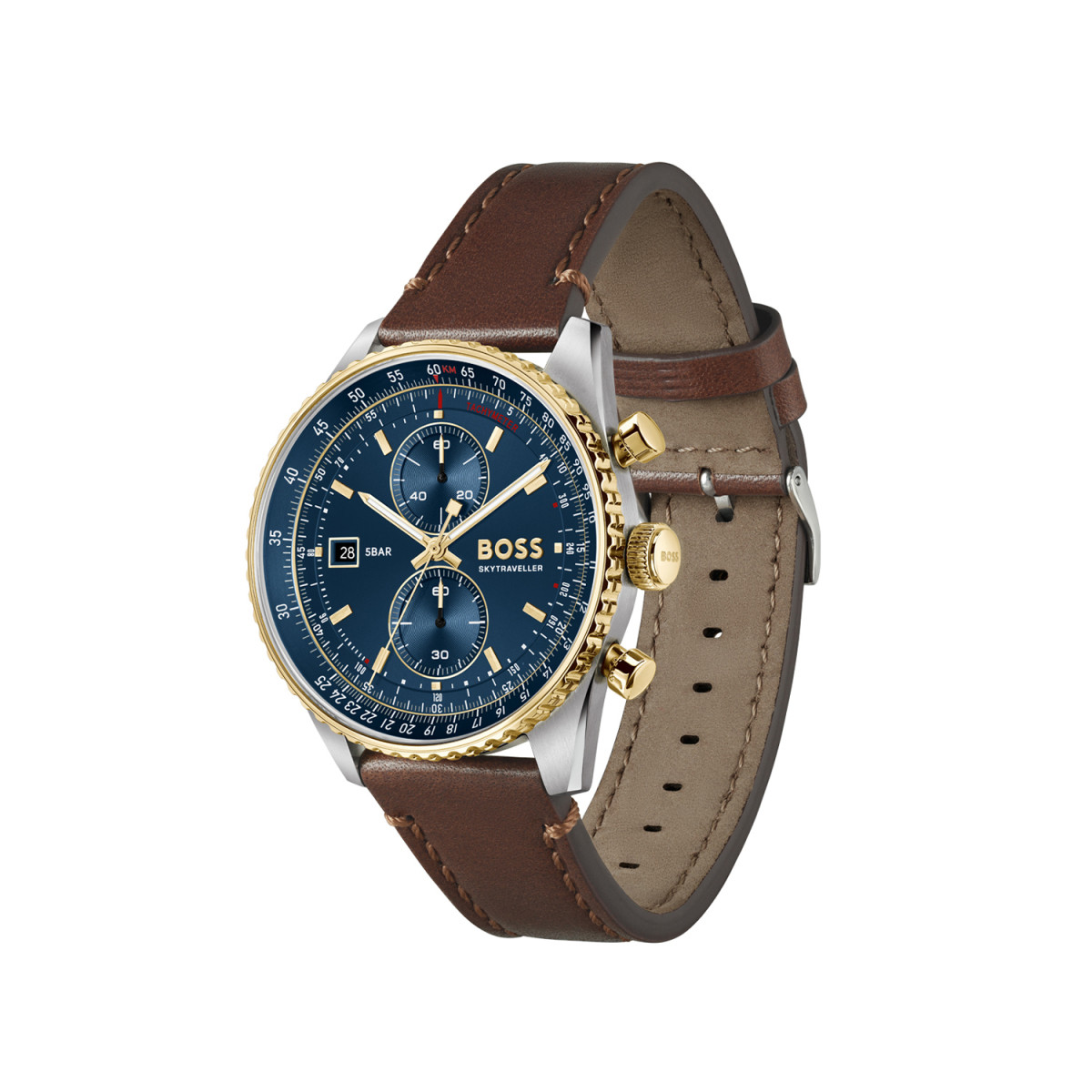 Boss Skytraveller Pro HB1514346 herenhorloge met stalen kast bruine leren band en goudkleurige rand - Ø 43 mm