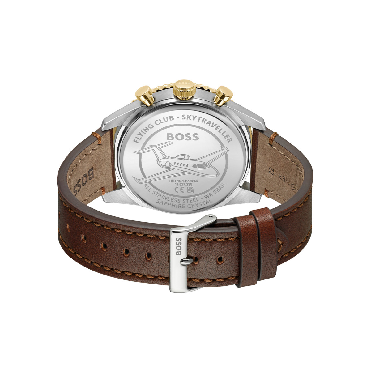 Boss Skytraveller Pro HB1514346 herenhorloge met stalen kast bruine leren band en goudkleurige rand - Ø 43 mm