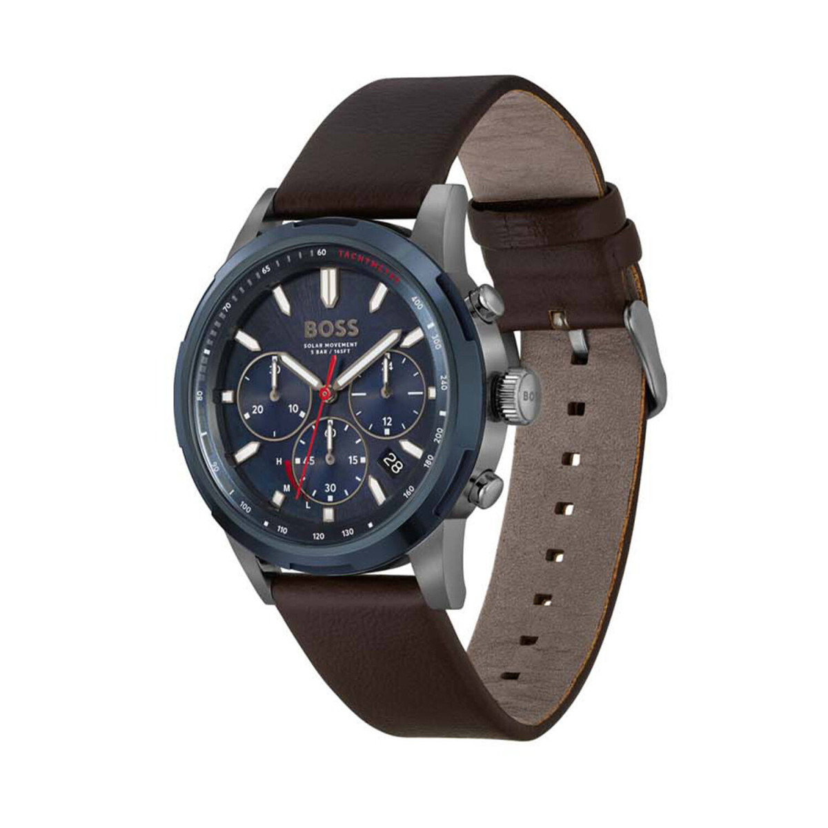 Boss Solgrade HB1514030 herenhorloge van staal met bruine leren band - Blauwe wijzerplaat - Ø 44 mm