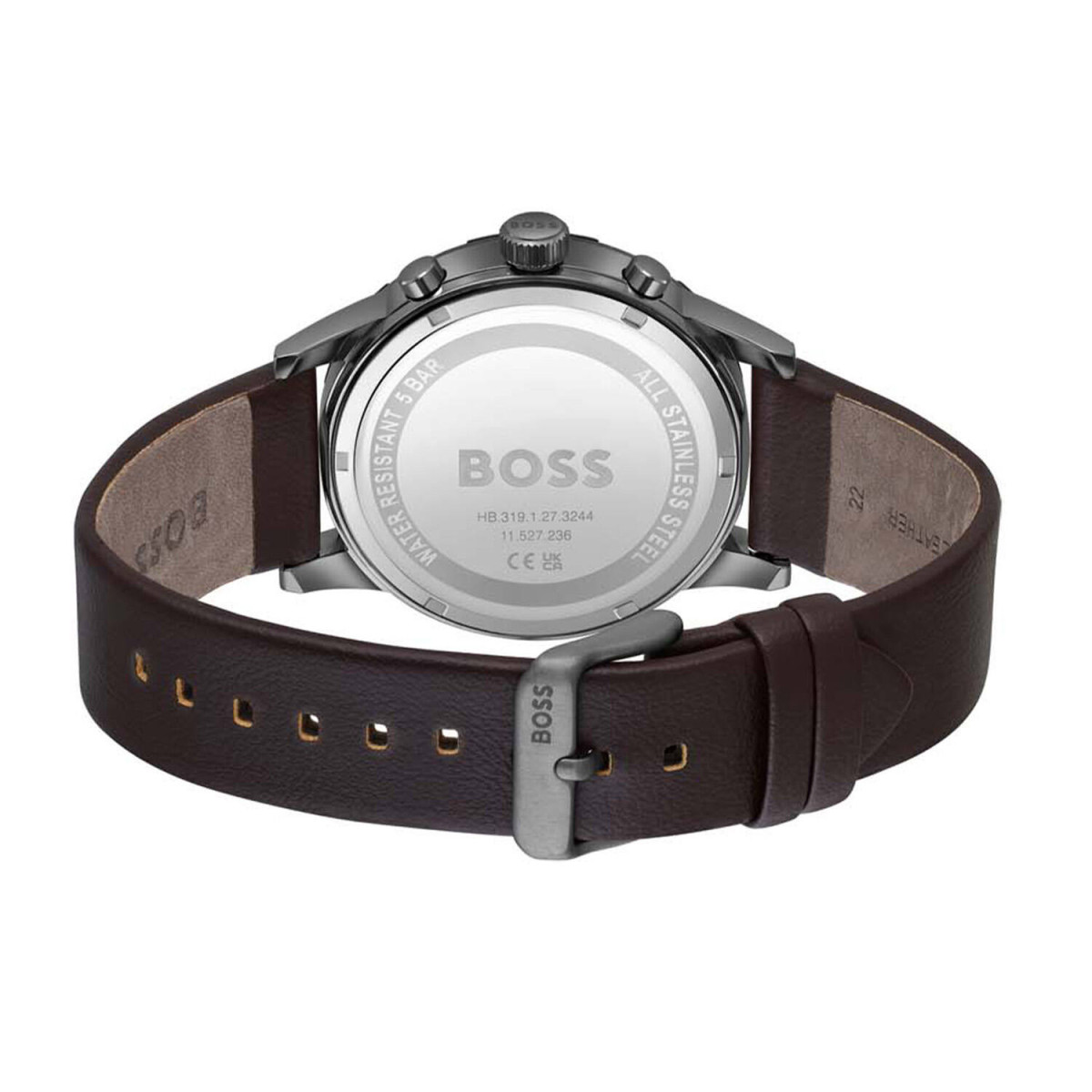 Boss Solgrade HB1514030 herenhorloge van staal met bruine leren band - Blauwe wijzerplaat - Ø 44 mm