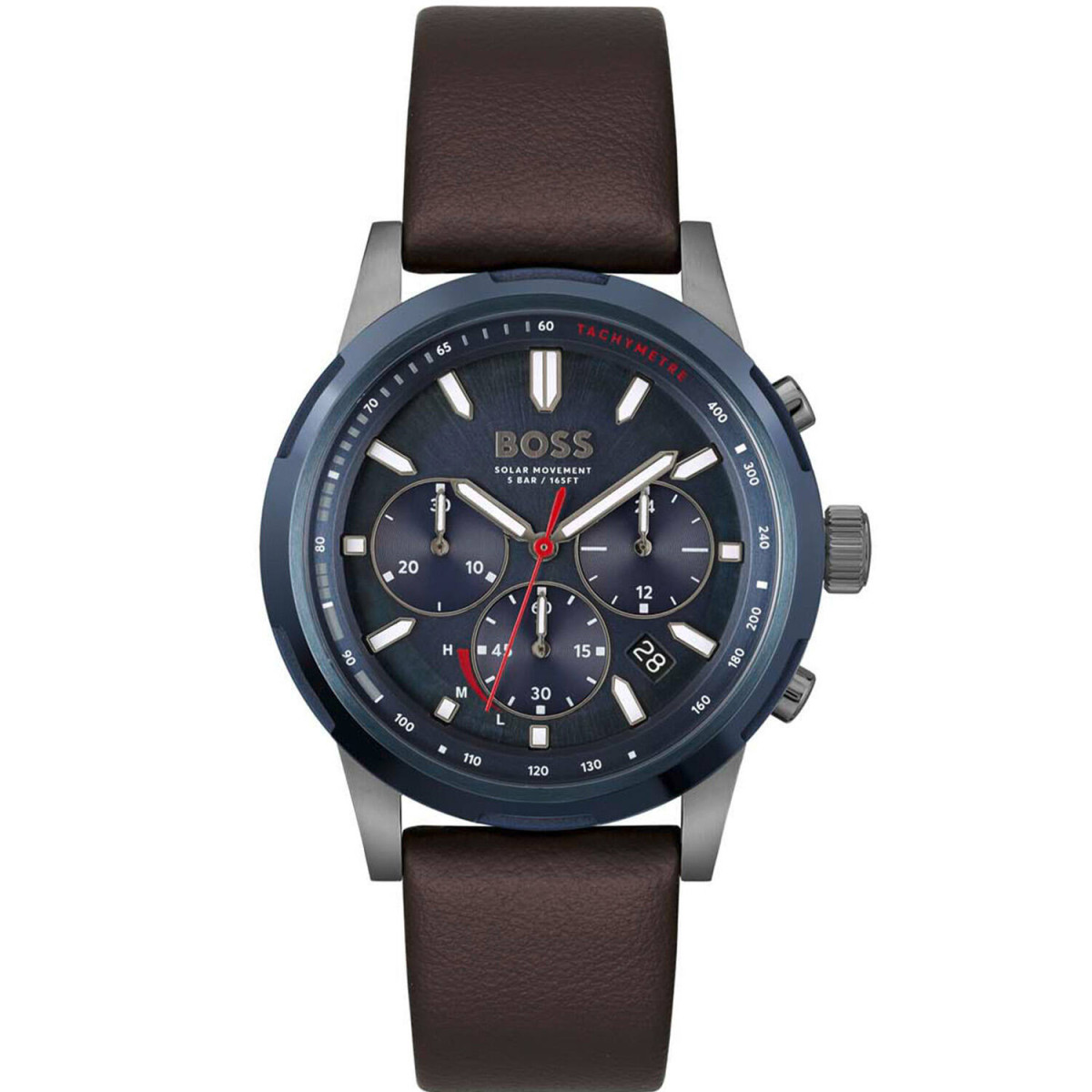 Boss Solgrade HB1514030 herenhorloge van staal met bruine leren band - Blauwe wijzerplaat - Ø 44 mm