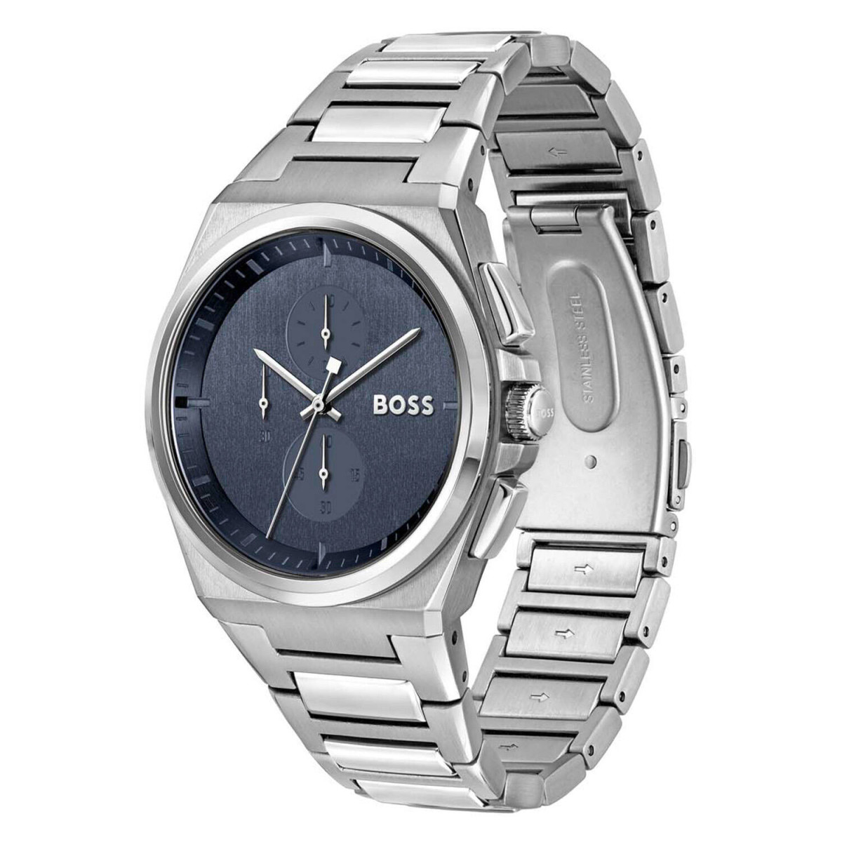 Boss Steer Chrono HB1514048 herenhorloge van staal - Zilverkleurig met blauwe wijzerplaat - Chronograaf - Ø 44 mm