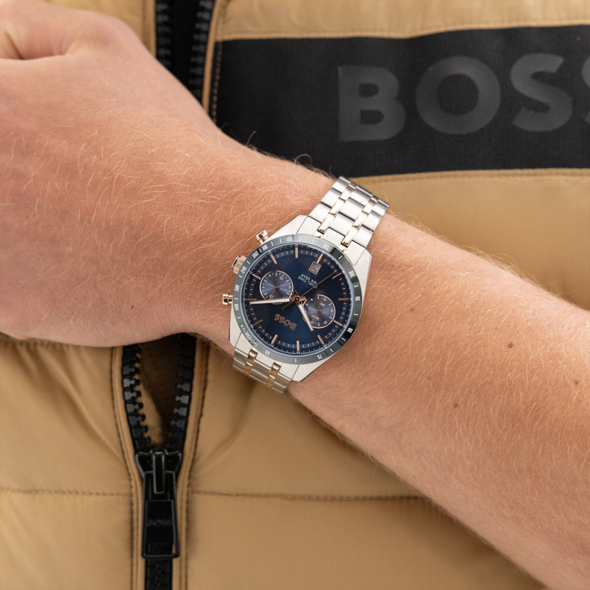 BOSS Tourmaster HB1514288 Bicolor herenhorloge met blauwe wijzerplaat - Ø 41 mm
