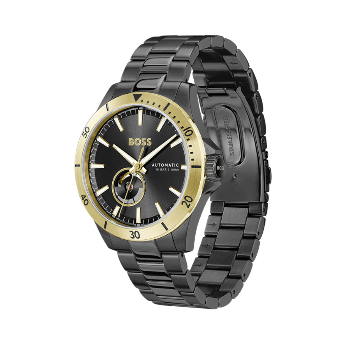 BOSS Troper Automatic HB1514203 Zwart en goudkleurig herenhorloge van staal - Ø 42 mm