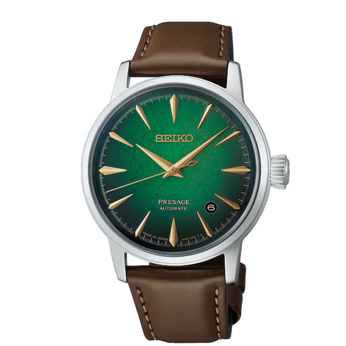 Seiko Presage HCB002J1 automatisch herenhorloge met groene wijzerplaat en bruine leren band - Ø 39 mm