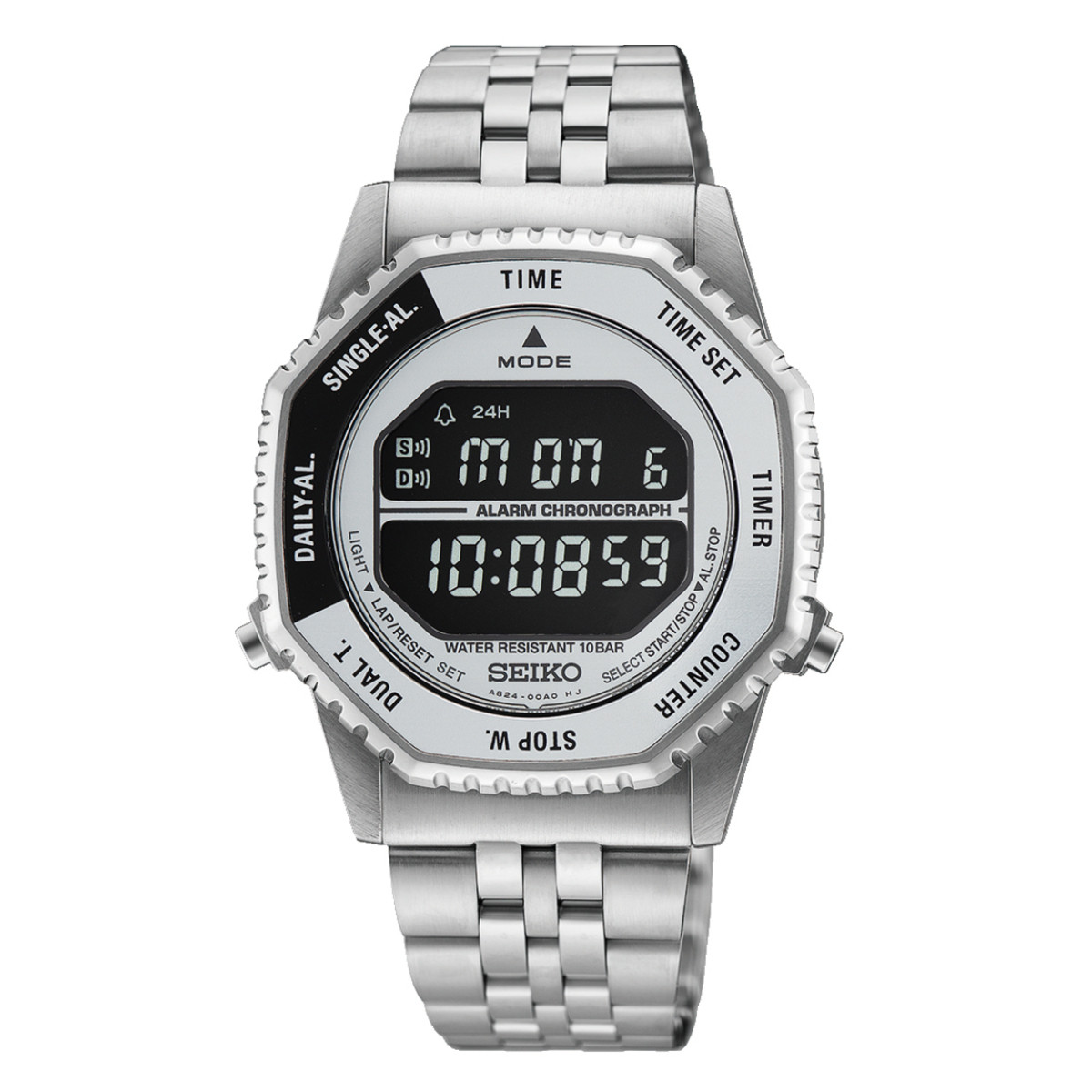 Seiko HFL002P1 herenhorloge met zilverkleurige achthoekige kast en digitale wijzerplaat - Ø 37 mm