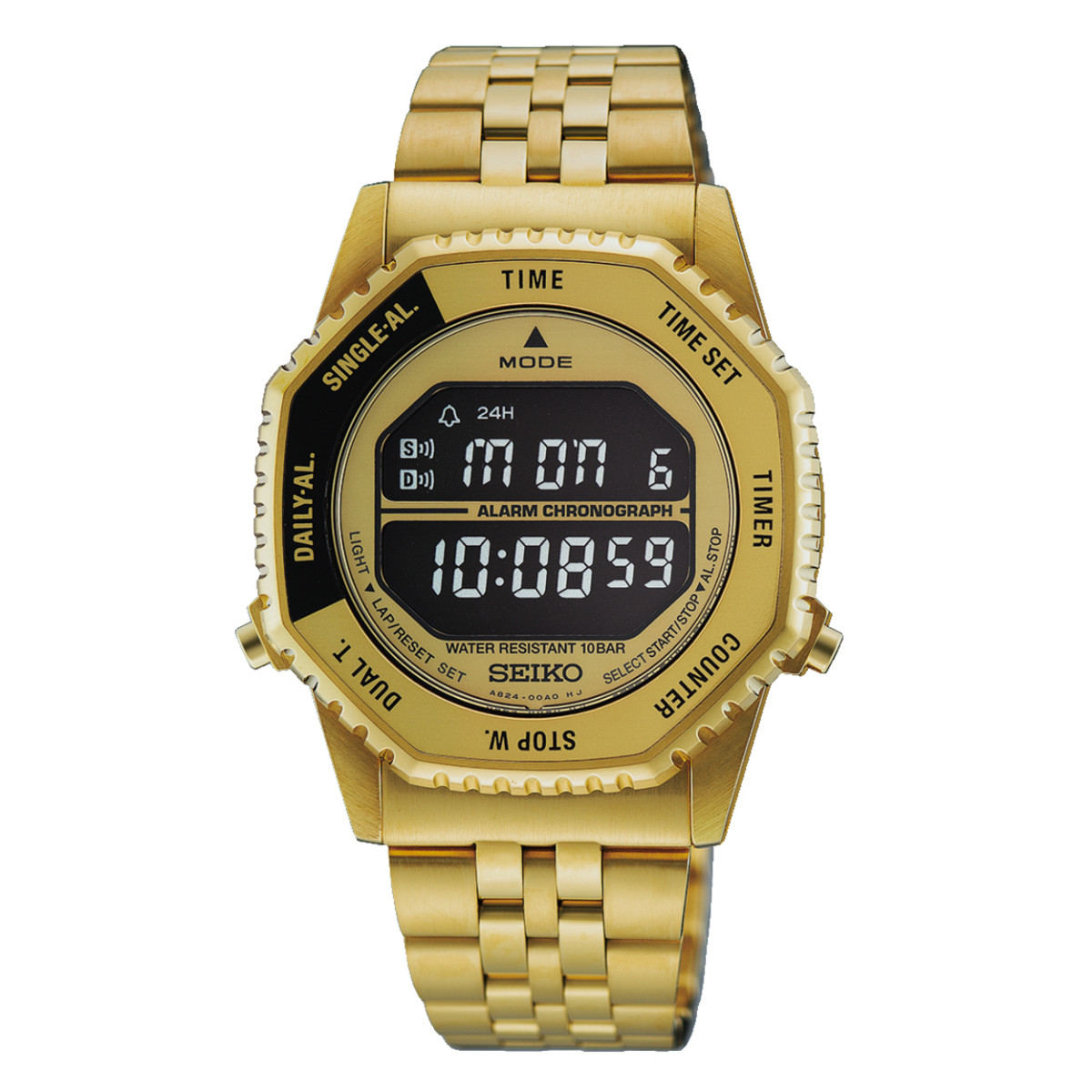 Seiko HFL003P1 goudkleurig digitaal herenhorloge met achthoekige kast en zwarte wijzerplaat - Ø 37 mm
