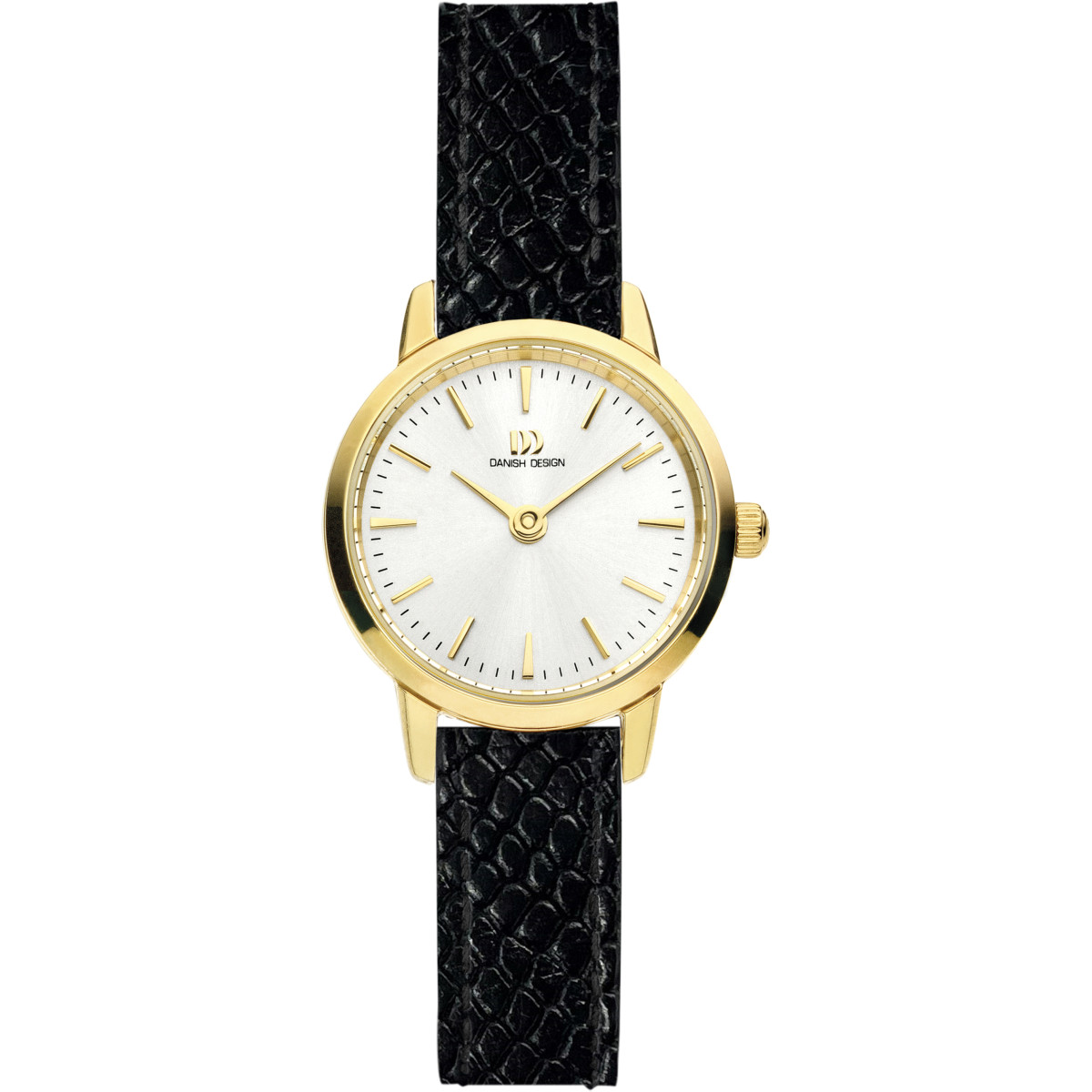Danish Design Tidløs Akilia Mini IV10Q1268 dameshorloge van gold plated staal met zwart leren band - Ø 22 mm