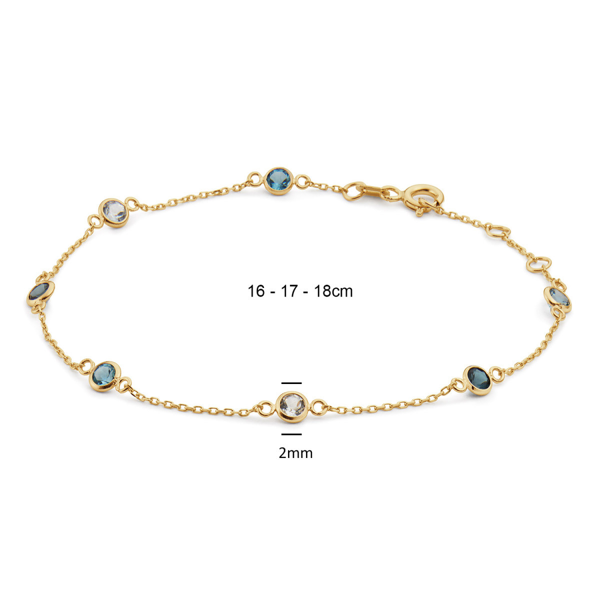 Jackie Gold African Blue JKB26.656 14k gouden armband met ronde blauwe topaas 3 mm breed - Lengte 16-17-18 cm