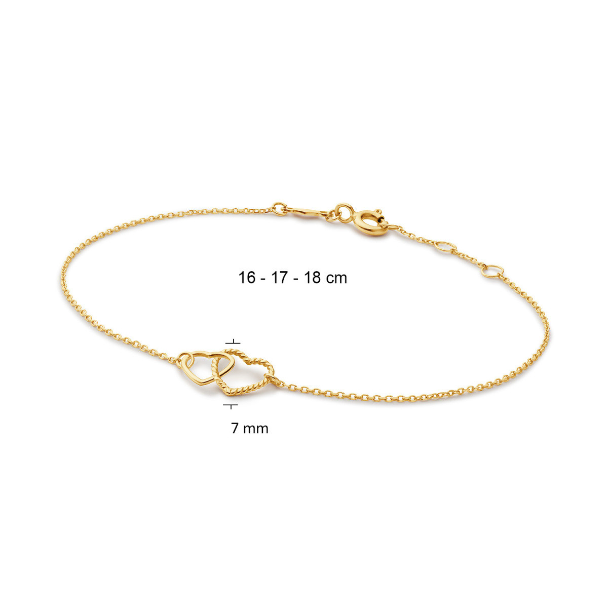 Jackie Gold Connected Love JKB25.559 Armband van 14-karaat geelgoud met open hartjes - Lengte 16-17-18 cm