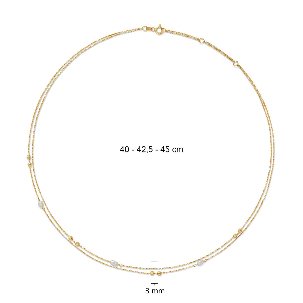Jackie Gold Constantia JKN26.607 gouden dubbele ketting met parels en bolletjes - Lengte 40-42.5-45 cm