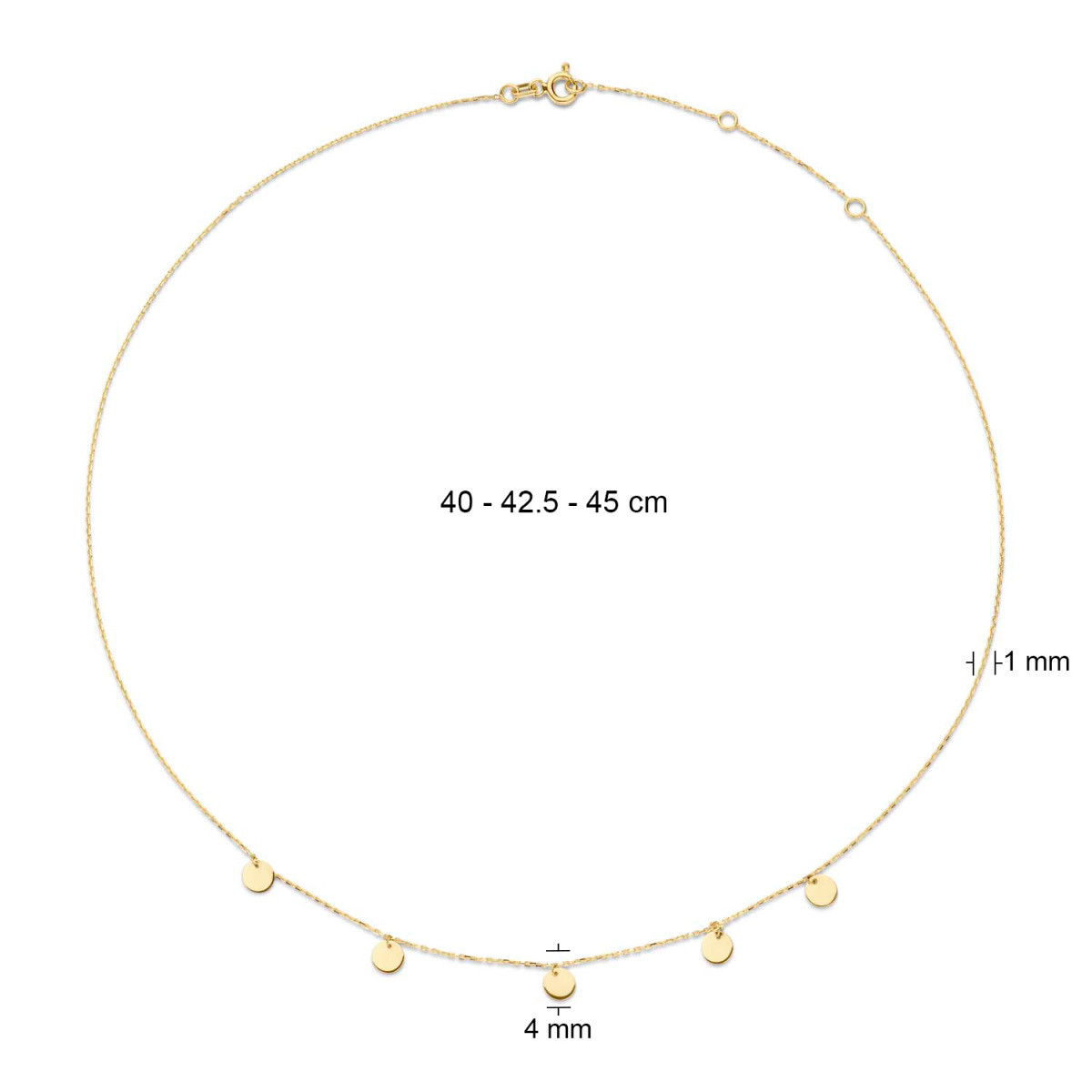 Jackie Gold Discs JKN20.045 Ketting van 14-karaat goud met 5 ronde schijfjes - Lengte 40-42.5-45 cm