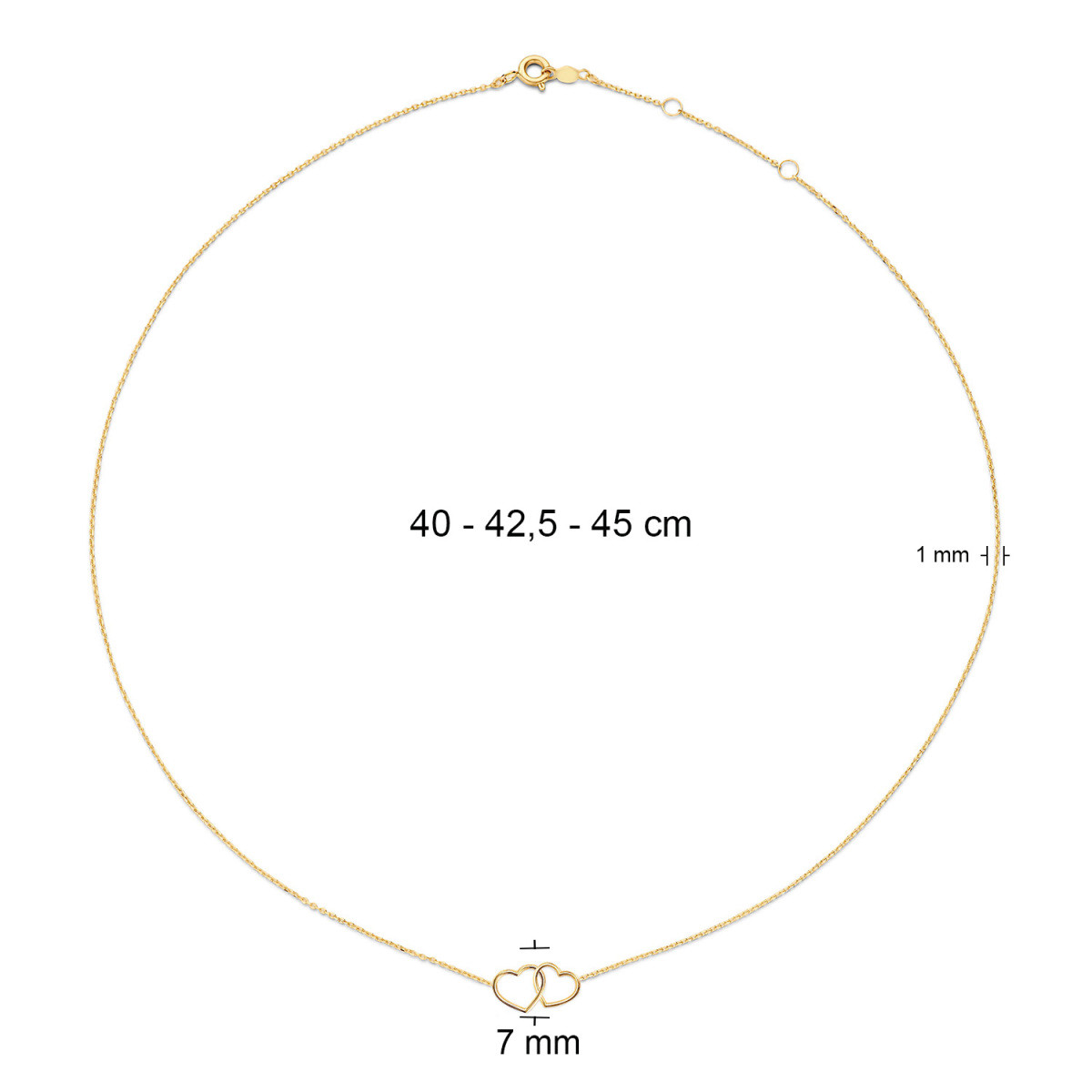 Jackie Gold Double Heart JKN23.049 Ketting van 14-karaat goud met verstrengelde hartjes - Lengte 40-42.5-45 cm